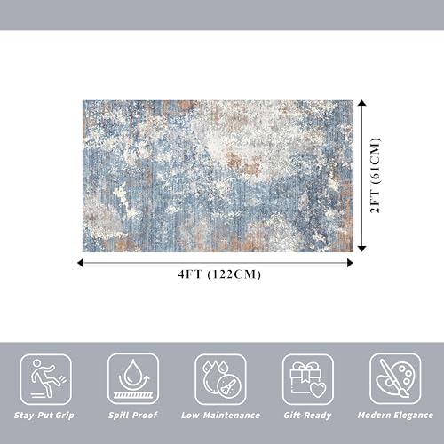 2x4 Runner Rug Washable Non-Slip – Small Throw Rug for Kitchen Floor, Bedroom, Entryway, Bathroom, Bedside – Modern Abstract Neutral Low-Pile Thin Indoor Door Mat(Blue Rust,2x4) - color: Blue Rust, size: 2' x 4' (Rectangular)