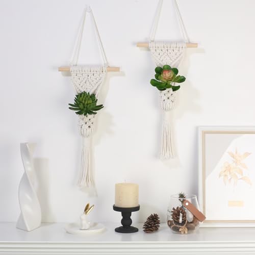 Macrame Wall Hanging Plant Holder with Artificial Succulent, Natural Cotton with Wood Dowel, Boho Wall Decor, Hanging Plants Set of 2 (Succulent 2pcs) - color: Succulent 2pcs
