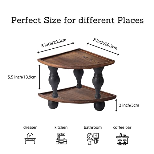 GoFika Small Corner Shelf Stand, 2 Tier Wooden Shelving Unit Black Riser, Vintage Corner Countertop Pedestal Stand Stackable Rack