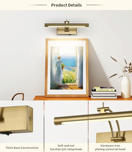 Battery Operated Picture Light with Remote,Wireless Gallery Lights Brass 12in Rechargeable Display Light with Flexible Swing Arm,Dimmable Wall Sconce for Artwork on Wall - color: Model A-Brass