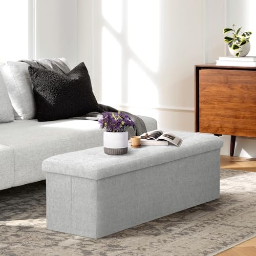 Athena Collection 43" Storage Ottoman Bench Folding Bench with 130L Hidden Storage, Large End of Bed Bench Linen Foot Rest Stool Chest with Flipping Lid for Living Room, Bedroom, Entryway, Light Gray - color: Light Gray, style: 43" Linen