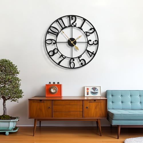 LEIKE 30" Large Wall Clock for Living Room Decor-Modern Big Round Metal Decorative Battery Operated Silent Wall Clock for Bedroom,Dinning Room,Farmhouse,Office (Black,30", Arab Numeral)