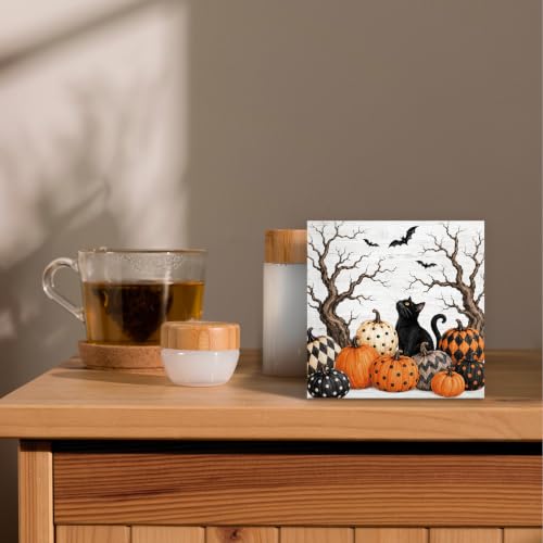 Halloween Black Cat Pumpkin Wood Box Sign Desk Decor 5X5 - color: Pumpkin Cat