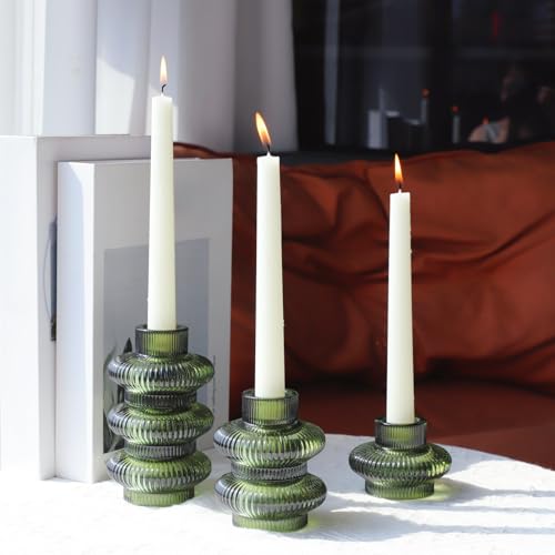 VOHO Green Taper Candle Holders Set of 6, Ribbed Glass Candlestick Holders - color: Green