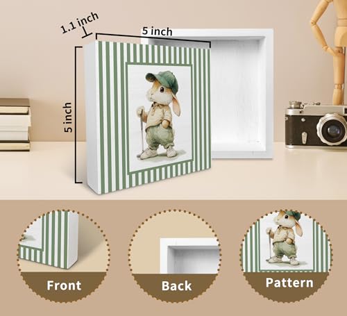 KU-DaYi Funny Bunny Golfer Gifts Wooden Box Sign, Sage Green Striped Golfing Wood Box Decorations for Kids Nursery Bedroom Room, Easter Rabbit Golf Wooden Block Plaque Desk Shelf Decor Accent 5x5 Inch