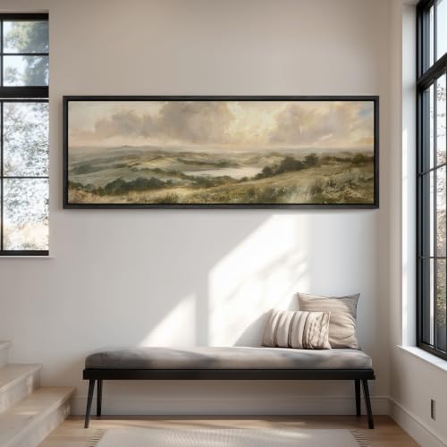 wall26 Large Framed Wall Art Canvas Print - Muted Vintage Rolling Hills Valley Landscape - Contemporary Artwork for Living Room Bedroom Office - 60"x20" Black - color: A07-2607-YUK18, size: 60"L x 20"W, style: Black Frame