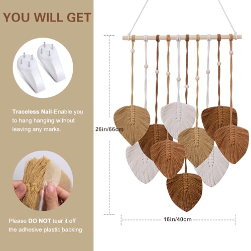 Macrame Wall Hanging Leaves Tapestry, EaseMykit Nursery Decor Leaves Woven Tapestry Feather Handmade Yarn Tassels Boho Wall Decor Art Decorations for Bedroom Living Room Apartment Home Backdrop(Autumn Brown) - color: Autumn Brown