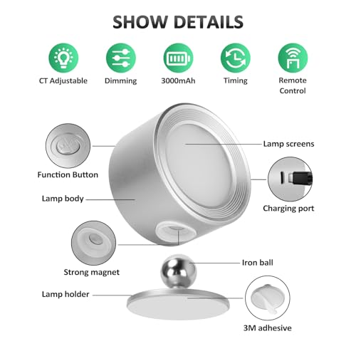 Racokky LED Wall Sconces 2 Pcs with Remote, Wall Lights 3000mAh Rechargeable Battery Operated, 3 Color Temperatures & Dimmable Wall Lamp Magnetic 360° Rotation Light for Bedroom Living Room(Silver) - color: Silver