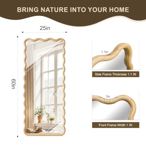 Full Length Mirror, 60”x25” Wavy Wood Floor Mirror for Wall - size: 60"L x 25"W
