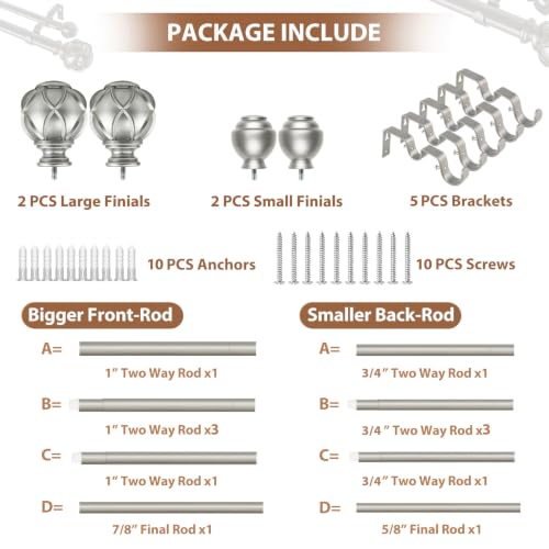 KAMANINA Double Curtain Rod 140 to 180 Inch, Extra Long, Adjustable, Silver - color: Antique Silver, size: 140-180"