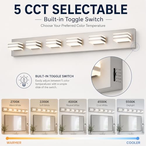 6-Light Brushed Nickel Vanity Light for Double Sink Bathroom, 41 Inch 48W 5CCT Dimmable LED Over Mirror Wall Fixture, Hardwired Light with Clear Acrylic Shade - color: Brushed Nickel-5 Color Temperature, size: 6-Light, 41-Inch