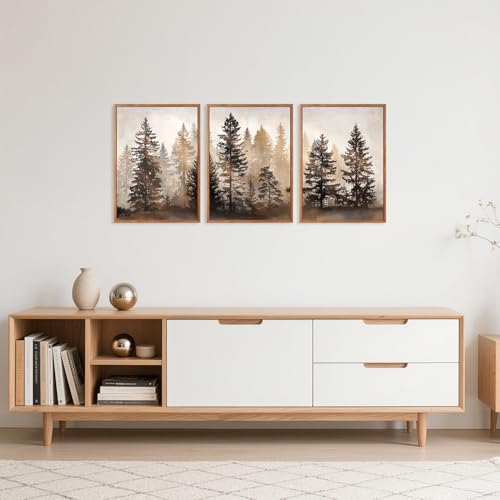 HPNIUB Foggy Forest Framed Wall Art Set, Abstract Misty Woodland Wall Decor,Rustic Neutral Pine Tree Farmhouse Art Print,Modern Nature Landscape Artwork for Living Room, Bedroom,Office-12''x16''x3 - color: Foggy Forest Wall Art