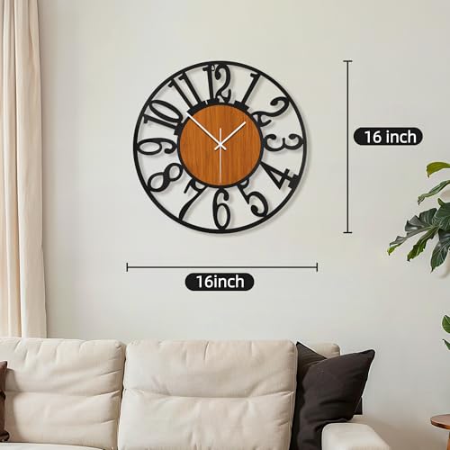 Maxstar Round Wall Clock for Living Room Decor Battery Operated Non Ticking Black Metal Wood Clocks for Home Living Room Garden Office Kitchen Decoration -16 inch - color: Brown-arabic Numerals, size: 16 Inch