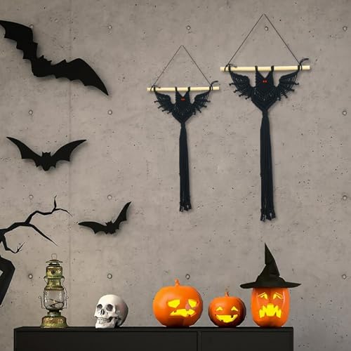 LB 2 Pcs Halloween Black Macrame Wall Hanging, Spooky Macrame Wall Art Black Bats Home Decor Gothic Horror Bat Design Woven Tapestry for Living Room Halloween Party Supplies Holiday Decor - color: Black Red