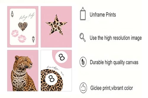 BWDDWB Pink Leopard Wall Art,Cheetah Fashion Poster,Coquette Y2k 8 Ball Canvas Print Artwork for Girls Bedroom College Dorm Preppy Aesthetic Room Wall Decor 12x16 in Set of 4 Unframed - color: Pink Leopard, size: 16"L x 12"W