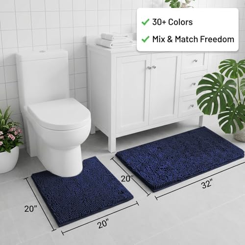 Bathroom Rugs Sets 2 Piece,Super Absorbent Chenille Bath Mats and U-Shaped Toilet Rug,Strong PVC Non Slip Backing,Microfiber Washable Dry Quickly Bath Mats for Bathroom(20"x32"+20"x20"U,Navy Blue) - color: Navy Blue