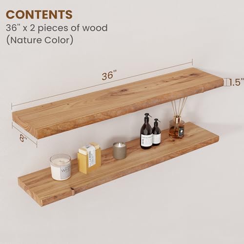 Floating Shelves for Wall Decor, Rustic Solid Elm Wood Live Edge Floating Shelves Wall Mounted, Wall Shelves with Invisible Bracket for Living Room Bathroom Bedroom Kitchen, 36 Inch Set of 2, Natural - color: Natural, size: Live Edge, 36inch, 2Packs
