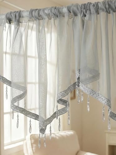 Molaxhome Swag Curtain Scalloped Curtain Valance Drape Sheer Lace Panel 1pc - color: Grey