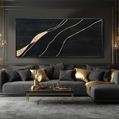 Black Gold Hand Painted Abstract Canvas Wall Art Living Room 32x70 Inch - color: Black, size: 70"L x 32"W