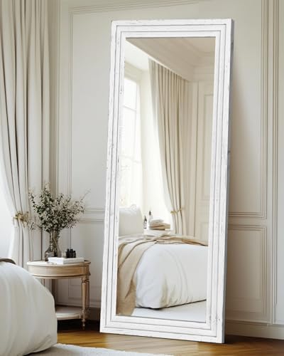65x24in Full Length Mirror, 3-Tier Stepped Solid Wood Frame, White - color: White, size: 65"L x 24"W