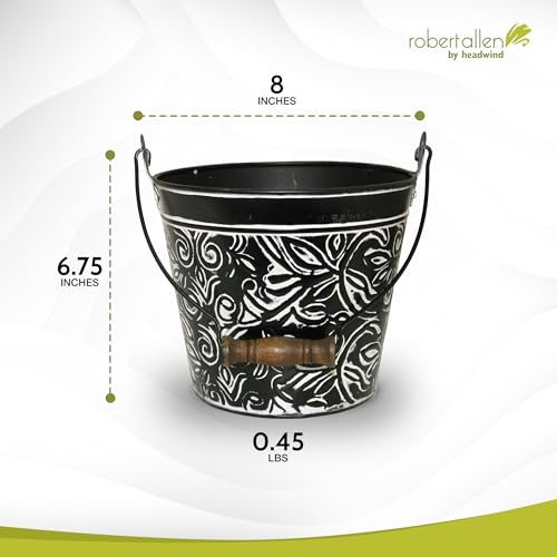 Headwind Vintage Collection - Floral Charcoal Planter with Handles – Small Galvanized Buckets & Metal Flower Pots, Decorative Bucket Planter with Drainage Hole for Indoor Plants & Outdoor Garden Décor - color: Charcoal, size: 8"