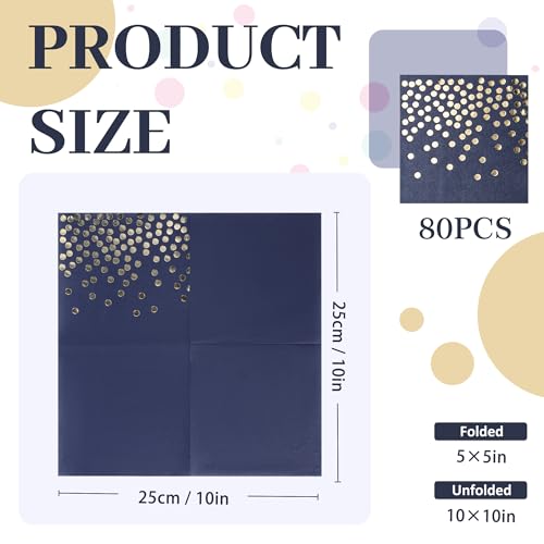 80 Pack of Paper Cocktail Napkins with Gold Foil Polka Dot Confetti,Polka Dot Party Supplies(5 x 5 in,2-ply) (80, blue gold) - style: Blue Gold Dot
