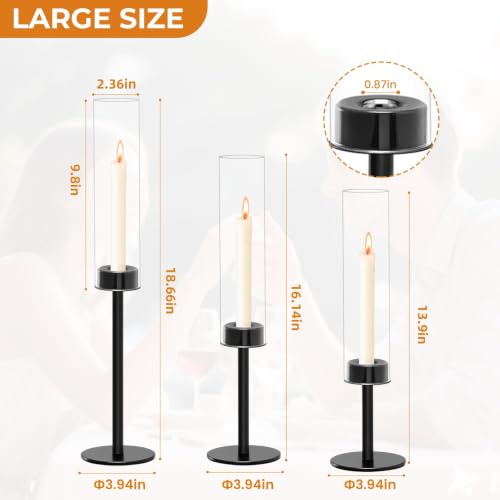 Black Taper Candle Holder Set with Glass Hurricane – Modern Candlestick Holders for Dining Room, Premium Gift Set for Wedding, Fall Centerpieces for Tables, Warmly Gift for Home Decor, Christmas Décor - color: Glass Black 3 Pieces