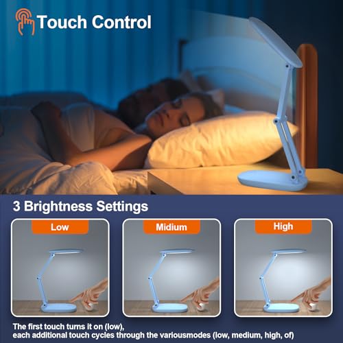 Akejrym LED Desk Lamp for Office & Home, Battery Operated, Foldable & Portable Light, 2-Fold Bracket, 3 Brightness Dimmable, Wireless Reading Lamp (Blue) - color: Blue