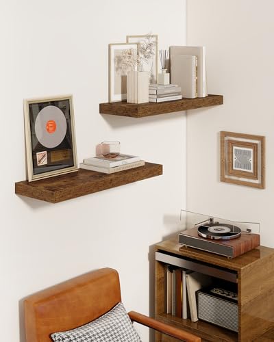 Marsmiles 55" Floating Shelves for Wall, Wooden Shelves with Invisible Brackets Set of 2, Rustic Farmhouse Wall Mounted Shelf for Kitchen Bathroom Living Room Study, Rustic Brown - color: Rustic Brown, size: 55"