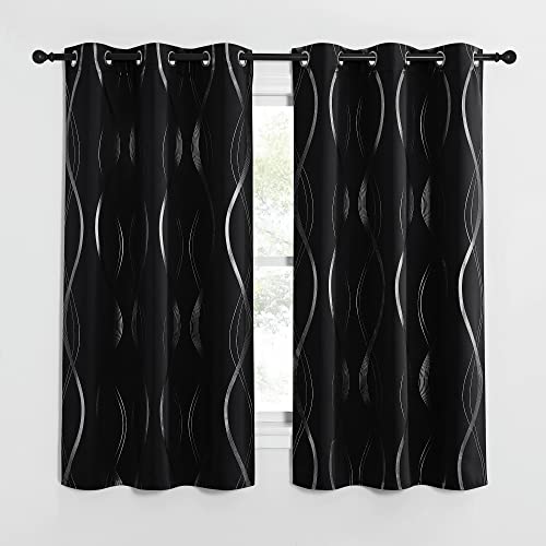 NICETOWN Black Out Curtains for Small Window - Foil Printed Wave Lines Thermal Insulated Blackout Panels/Drapes for Bedroom Kitchen Loft Cafe (2 Panels, 42 inches Wide by 63 inches Long) - color: 1 - Black, size: 42"W x 63"L (Pack of 2)