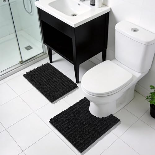 Yimobra Bathroom Rugs Non Slip Washable - Ultra Soft Absorbent Chenille Bath Mat, Quick Dry Shaggy Floor Carpet for Tub Shower, Black Home Decor Accessories, 24x17 Inch - color: Black, size: 24" X 17"