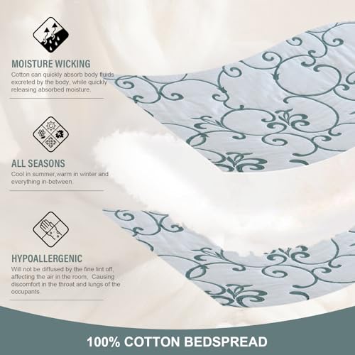 Oversized King Bedspread 120"x120" - 100% Cotton California King Quilt, Embroidered Bedspread Coverlet with Pillow Shams, Lightweight Quilted Bedding Set 3 Piece, Aqua Blue/White - color: White/Aqua Blue(turquoise), size: King/Cal King(120"x120")
