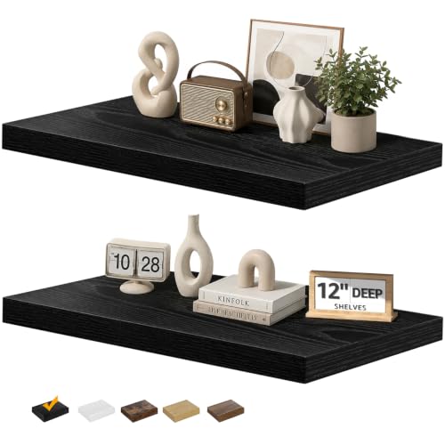 RICHER HOUSE 12" Deep Floating Shelves, 24x12 Inch Long Black Wall Shelf - color: Black, size: 24in