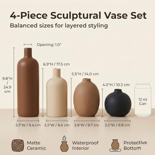 Ceramic Neutral Vase Set of 4 - Modern Decorative Flower Vases Home Decor, Rustic Farmhouse Table Decor for Living Room, Shelves, Entryway, Mantel, Boho Pottery Vases for Bouquets, Pampas, and Gifts - color: Terracotta Mix