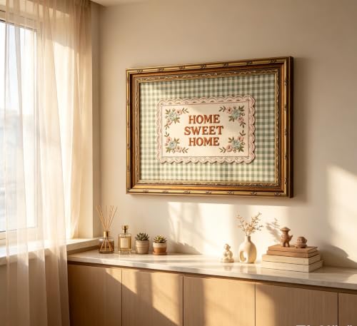 Gold Framed Home Sweet Home Wall Art,Embroidered Style Green Gingham Canvas - color: Home Sweet Home, size: 11"LX9"W