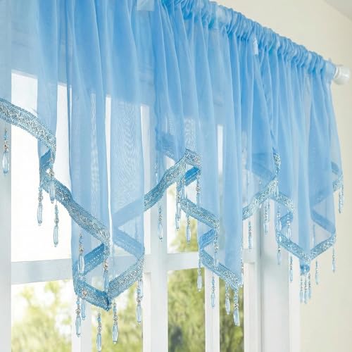 Molaxhome Swag Curtain Scalloped Curtain Valance Drape Sheer Lace Panel 1pc - color: Blue