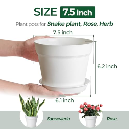 T4U Plant Pots 7.5 Inch 6 Pack, Plastic Flower Pots Indoor Drainage, White - color: White, size: 7.5 inch