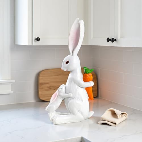 YANGMEI White Resin Easter Rabbit Statue, Snuggling Bunnies with Carrot Easter Figurine, Spring Holiday Tabletop Home Garden Decoratio - color: A