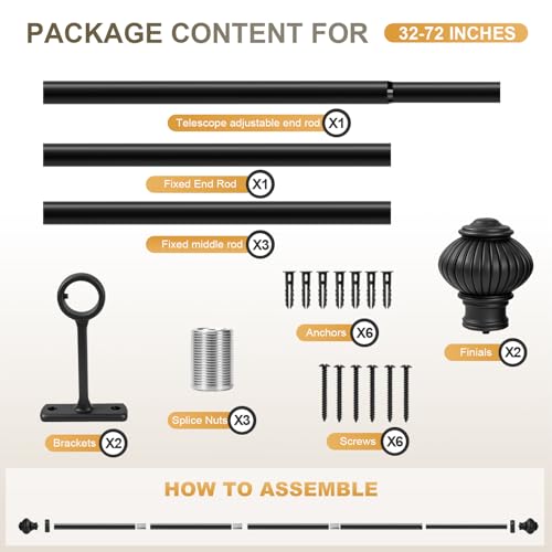 Adjustable Splicing Black Curtain Rods for Windows - 1 Inch Diameter Heavy Duty Curtain Rod with Brackets, Extends 32 to 72 Inches, 1 Pack (Black) - size: 32"- 72"/1 Pack