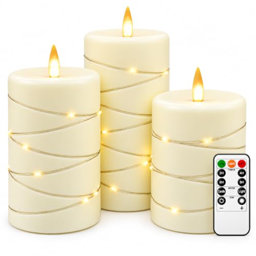 Flickering flameless Candles with String Lights, Battery-Powered, LED Pillar Candles, Candle Set with Remote Control and Timer, 3-piece Candle Set in Ivory White - color: Off-White