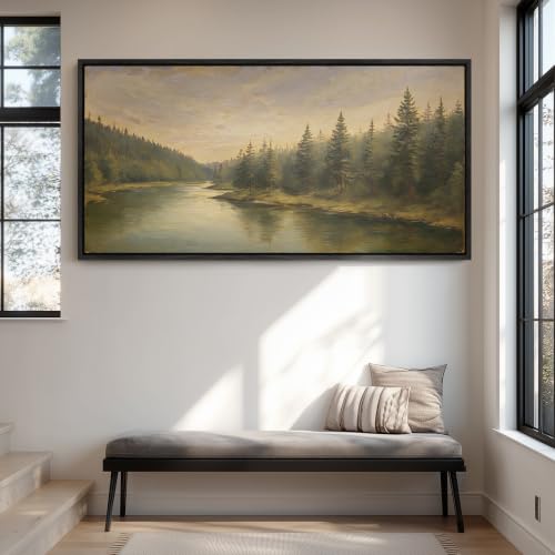 wall26 Extra Large Framed Wall Art Canvas Print - Vintage Pine Forest River Landscape - Contemporary Artwork for Living Room Bedroom Office - 60"x30" Black - color: A07-2607-YUK19, size: 60"L x 30"W, style: Black Frame
