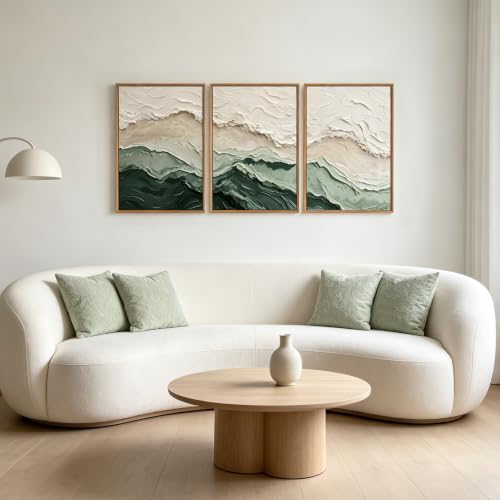 Aurlan 3D Textured Green Abstrcat Ocean Framed Canvas Wall Art 16x24 Inch - color: Green Beige (3D Textured), size: 16"L x 24"W