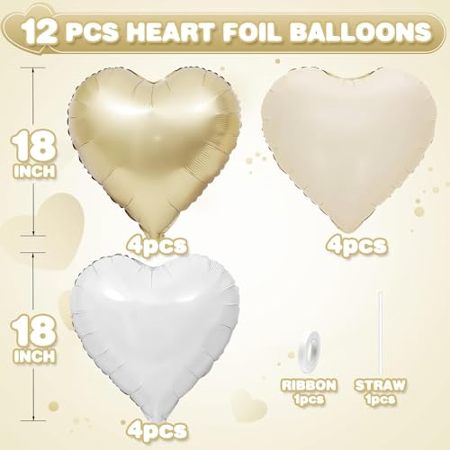 Cream White Gold Heart Foil Balloons,12Pcs 18Inch Heart Shaped Balloons - color: Cream White Gold