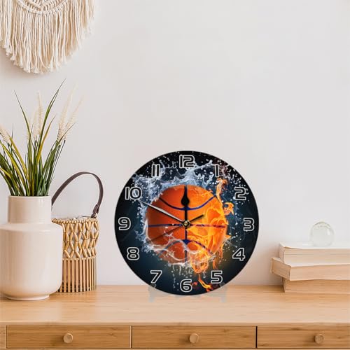 Fire Water Basketball Wall Clock Battery Operated 10 in Round Wall Clocks Slilent Non Ticking Quartz Analog Clock for Bedroom Kids Living Room Classroom Decor - color: Fire Water Basketball