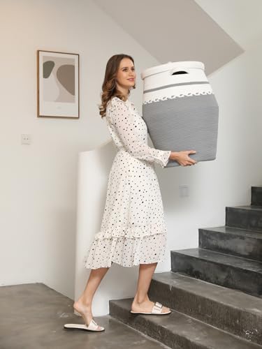 26"x20" Cottonphant Extra Large Tall Woven Laundry Basket with Lid, Cotton Rope Blanket Storage Basket, Freestanding Decorative Bin for Bedroom Living Room, White & Grey - color: White/Grey