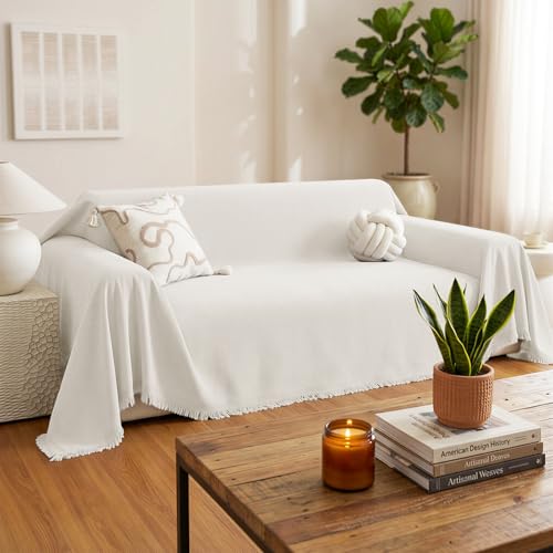 Chenille Couch Cover for Dogs Washable Boho Throw Blanket Washable - color: 01 Beige White, size: 71"×91"