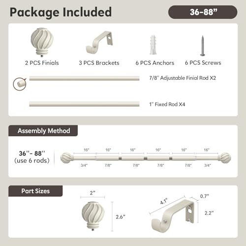 White Curtain Rods for Windows 48 to 84 Inch 7/8" Diameter - color: White, size: 36"-88"|1 Pack
