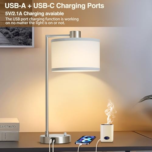 Silver Table Lamp Set of 2, Dimmable Bedside Lamps for Night Stand, USB A+C - color: Silver