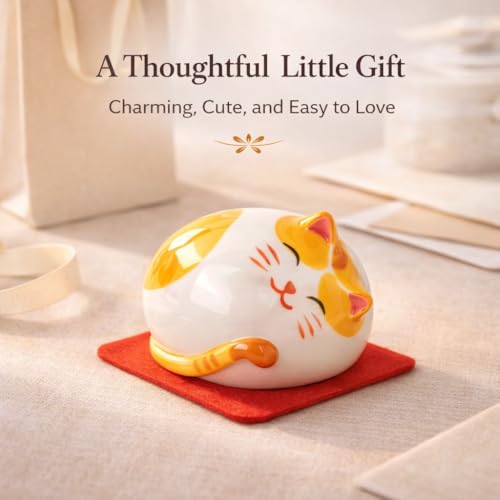 kcrygogo Ceramic Tabby Cat Figurine, Chubby Round Cat Figurine Mini Cat Statue, Cute Desk Decor & Shelf Decor, Small Cat Lover Gift (5cm)