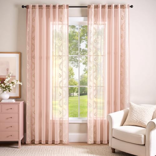 jinchan Floral Sheer Curtains, Back Tab 50x84 Inch, 2 Panels Pink - color: S | Pink, size: 50"W x 84"L (Pack of 2)